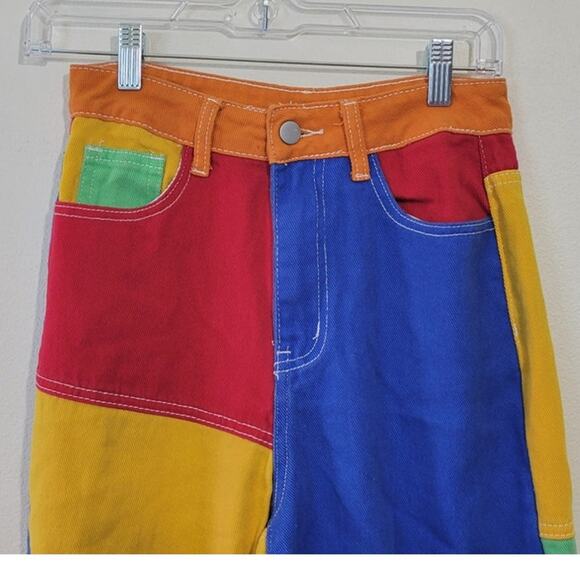 Color Block Jeans Womens X-Small Raw Hem Multi-Colored Patchwork Funky Fun Jeans - Picture 5 of 10